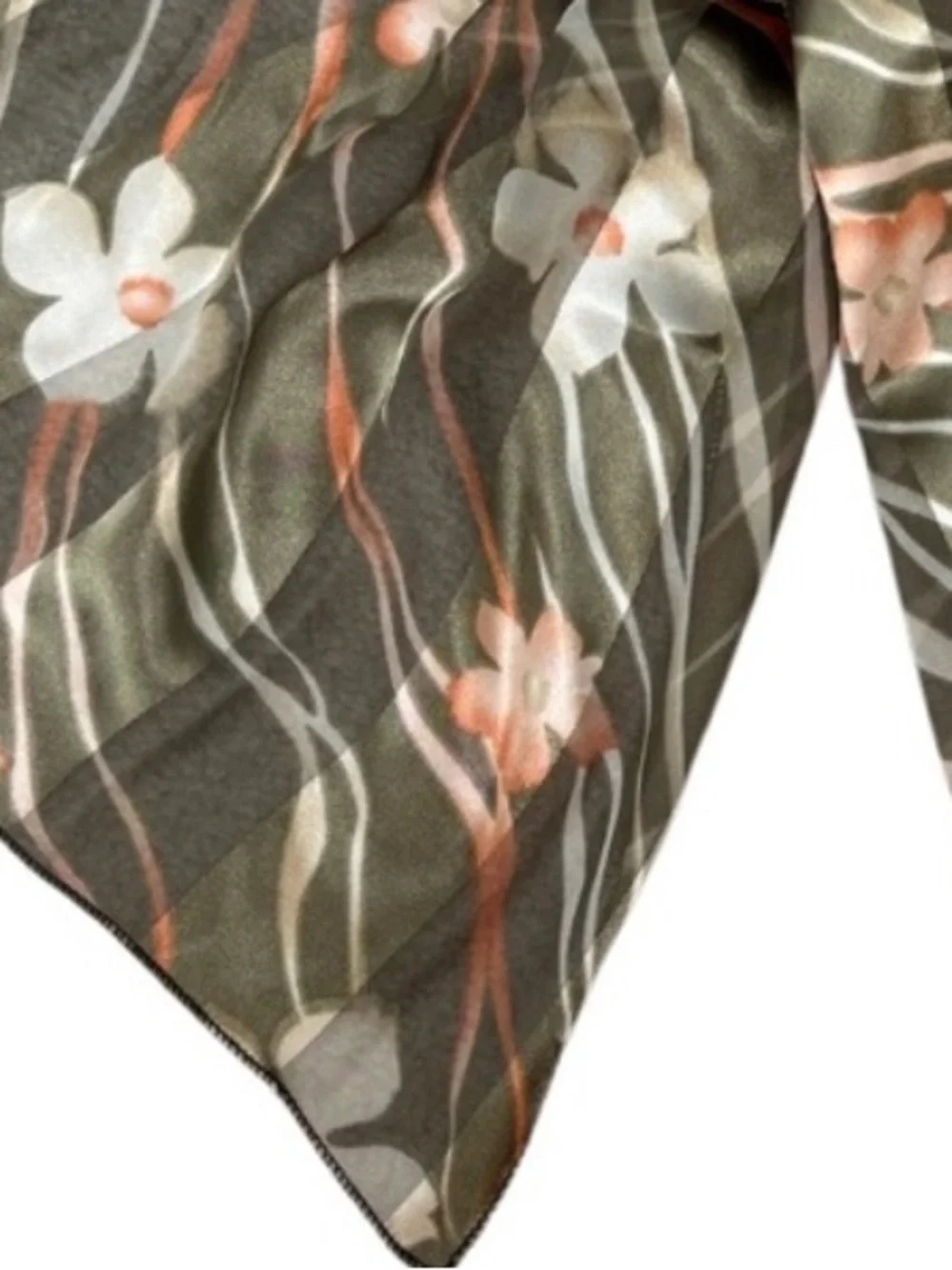 Vintage Silk Scarf Luxury Floral Botanical Print Green Gold Coral Orange Ivory